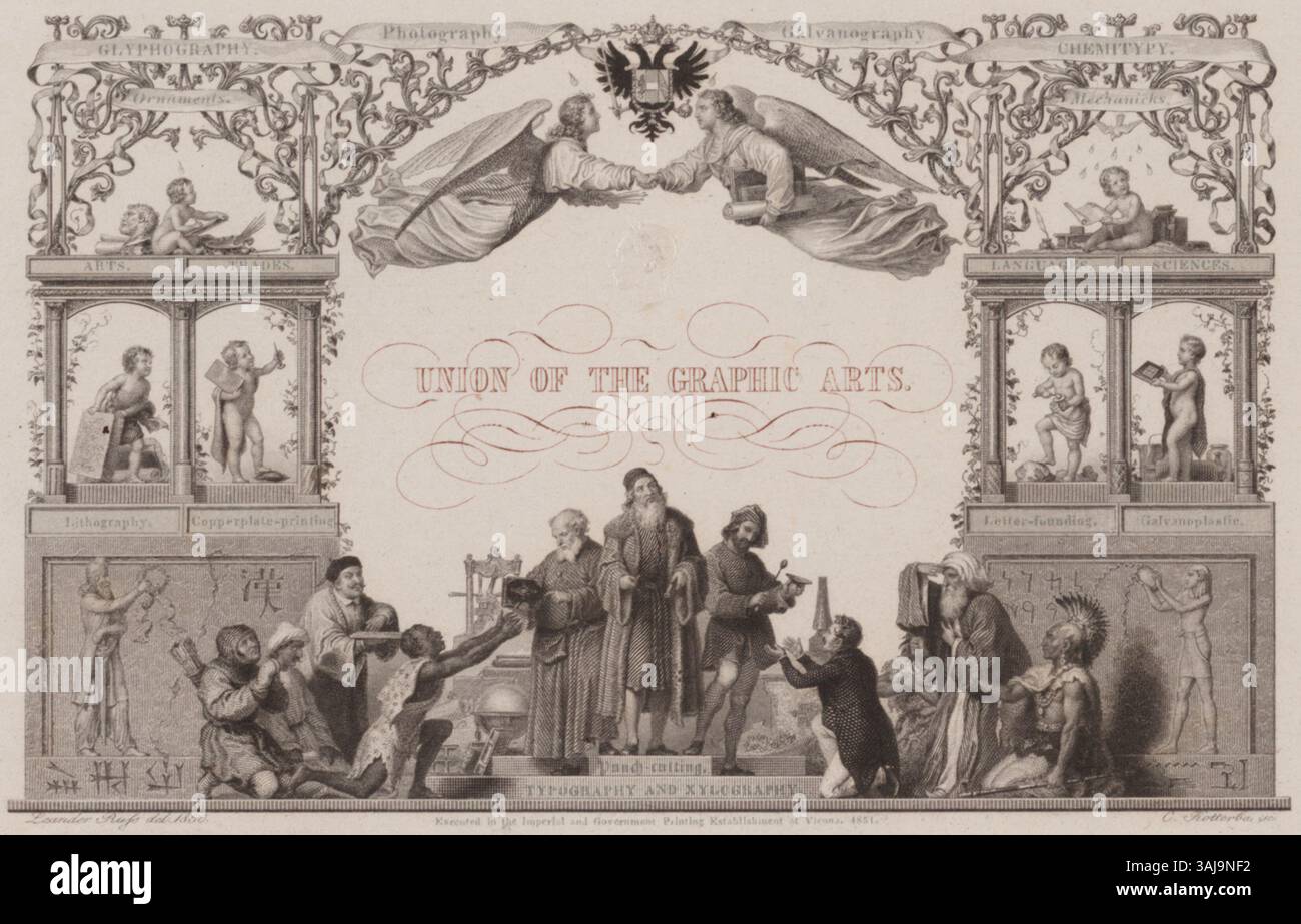 Dieser Stich von Carl Kotterba aus dem Jahr 1851, nach Leander Russ, veranschaulicht das Konzept der „Vereinigung der grafischen Künste“. Der Druck wurde in der kaiserlichen und staatlichen Druckerei in Wien erstellt und ist ein gutes Beispiel für den Stich aus dem 19. Jahrhundert. Stockfoto