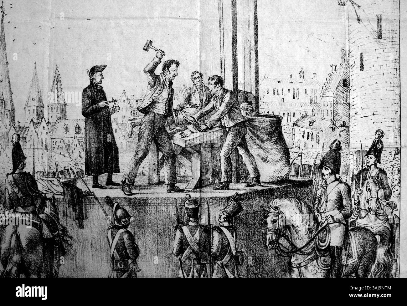 Diese Lithografie von Franciscus Kiedorff zeigt die Hinrichtung von Livinus Van Butzel, der am 25. Januar 1822 in Gent wegen Parricids verurteilt wurde. Die Szene zeigt die öffentliche Hinrichtung und hebt die grausamen Details des Ereignisses hervor. Stockfoto