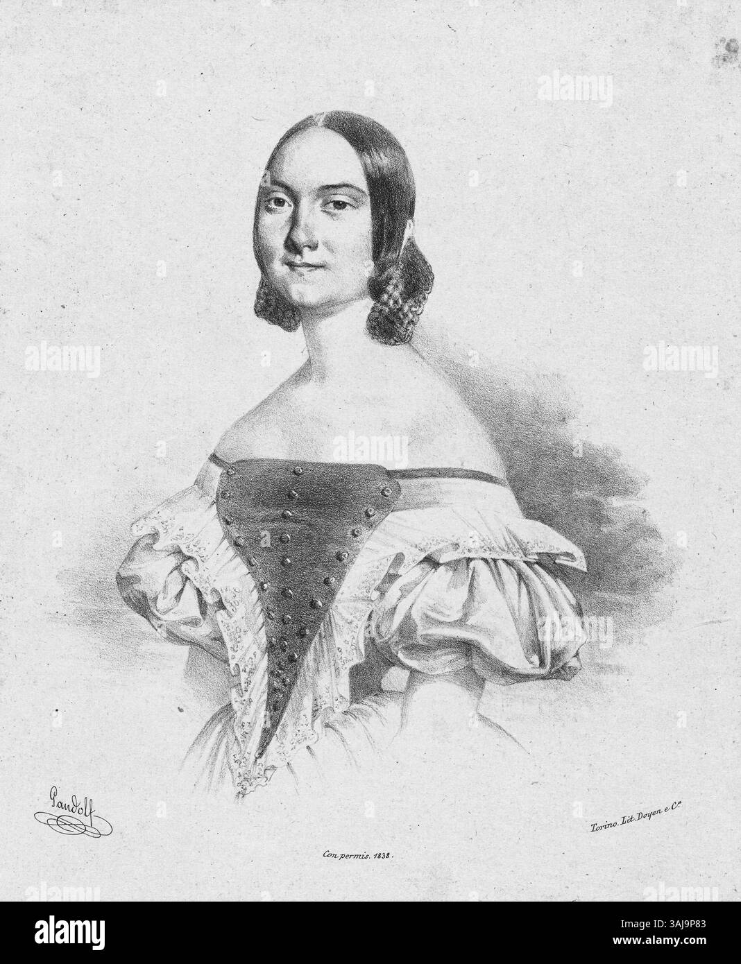 Eine Lithografie von Camilla Guiscardi Gandolfi, die Carolina Galletti aus dem Jahr 1838 darstellt. Dieses detailgetreue Kunstwerk unten links ist ein klassisches Beispiel für Porträts aus dem 19. Jahrhundert. Stockfoto