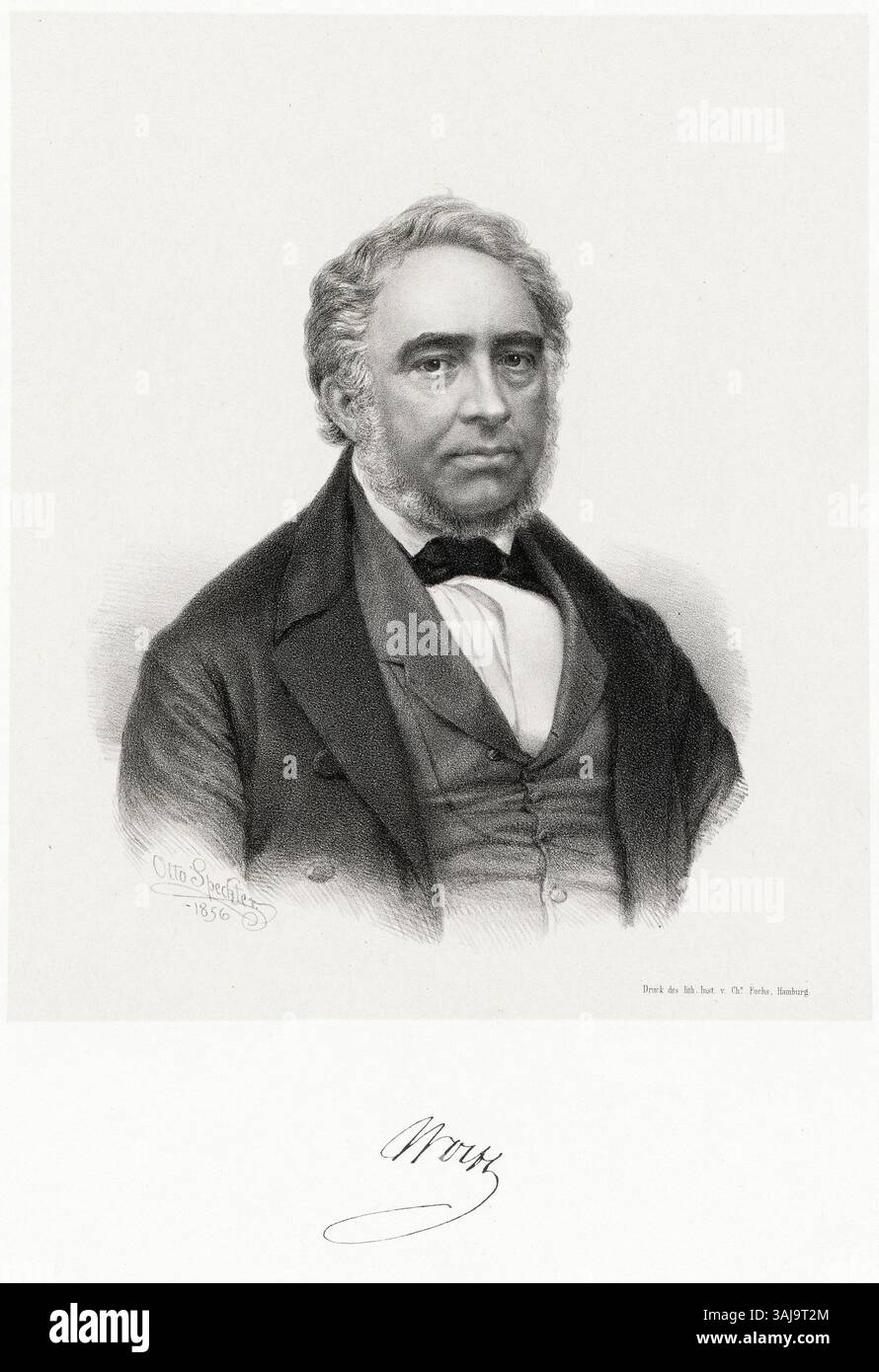 Lithographisches Porträt von Julius Guido Wolff, erstellt von Otto Speckter 1856. Das Bild stellt Wolff in formaler Kleidung aus dem 19. Jahrhundert dar. Stockfoto