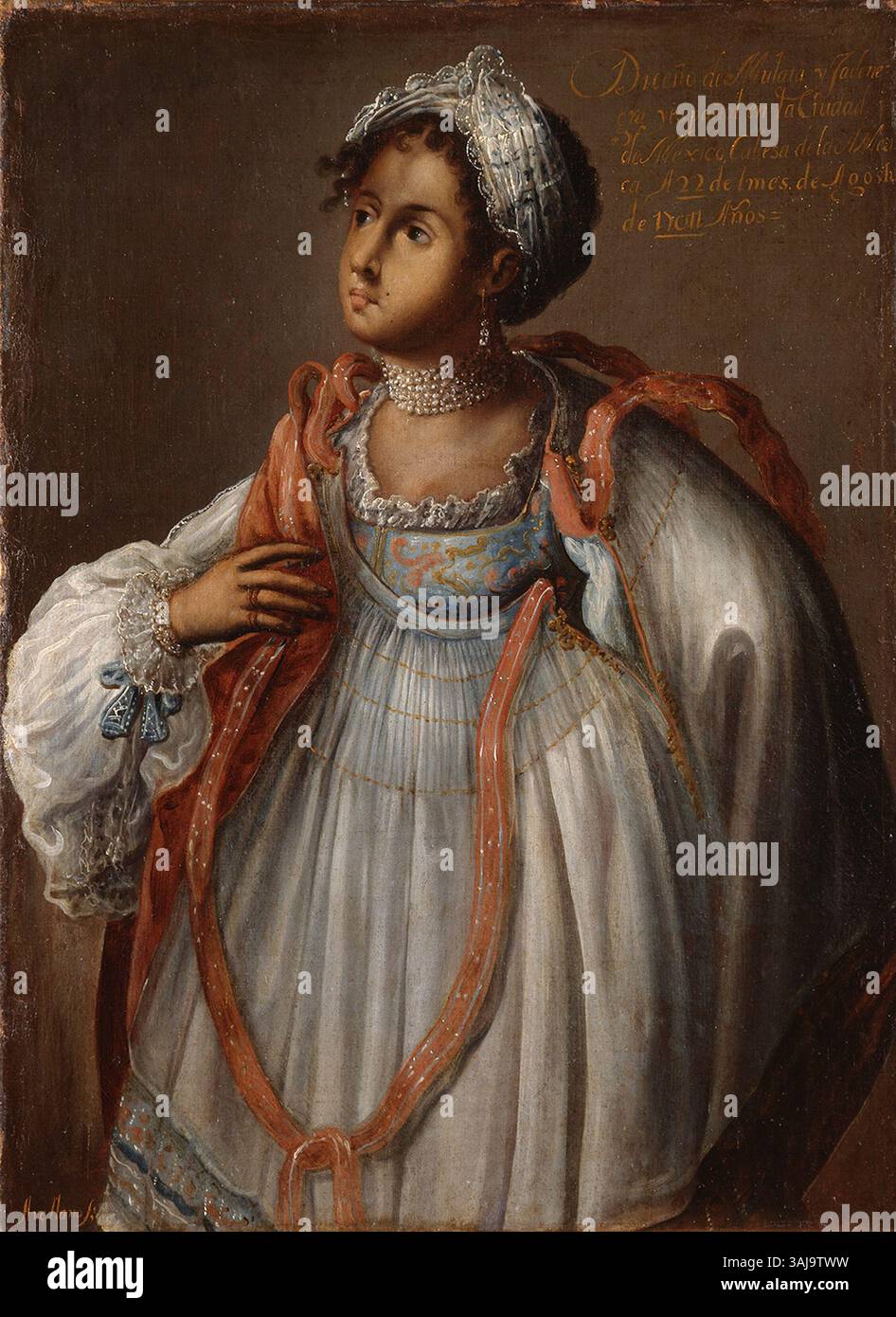 1711 casta Porträt einer Mulatta-Frau, die das gemischte Erbe afrikanischer und spanischer Herkunft darstellt, mit kultureller Bedeutung in Mexiko zu dieser Zeit. Das Gemälde hebt die Rassenhierarchie des kolonialen Mexiko hervor. Stockfoto