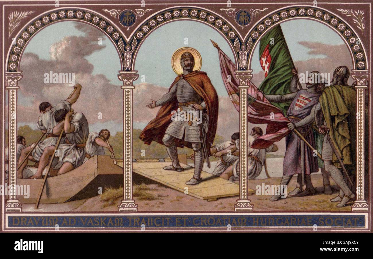 Dieses Fresko von Bertalan Székely zeigt den Heiligen Ladislaus von Ungarn, der die Drau überquert, um Kroatien zu erobern. Das Kunstwerk befindet sich in der ungarischen Kathedrale von Pécs, die im 19. Jahrhundert geschaffen wurde. Stockfoto