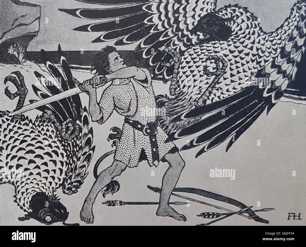 Axel Hjelms Illustration für das epische Märchen „EN Kämpasaga“ stellt Szenen aus der Geschichte anschaulich dar, indem sie kühne Linien und detaillierte Kompositionen verwendet, um die Erzählung zum Leben zu erwecken. Stockfoto