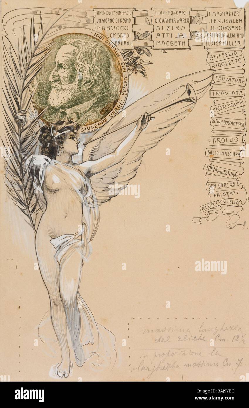 Roberto Franzonis Zeichnung „an Allegory of Fame, in Honor of Giuseppe Verdi“ aus dem 20. Jahrhundert zollt dem italienischen Komponisten Giuseppe Verdi Tribut. Es zeigt Verdis Einfluss und Bekanntheit durch allegorische Elemente und fängt das Wesen seines musikalischen Vermächtnisses ein. Stockfoto