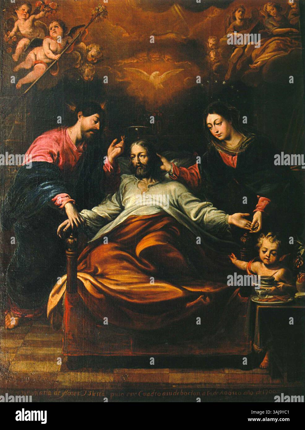 Das Gemälde „Tod des Heiligen Josef“ von Pedro Ruiz González um 1700 zeigt den Tod des Heiligen Josef. Sie befindet sich in der Kapelle des Ehrwürdigen Dritten Ordens des Heiligen Franziskus in Madrid. Die Leinwand misst 348 x 208 cm und enthält weitere Elemente eines unbekannten Künstlers, wie die seitlichen Pilaster und Gott der Vater mit Engeln. Öl auf Leinwand, unten signiert. Stockfoto