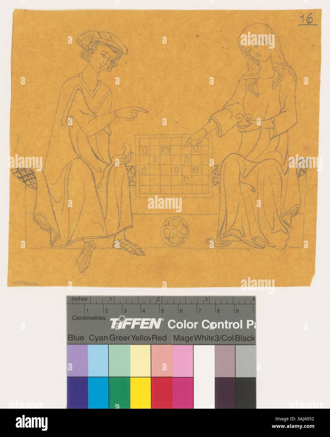 Dieses Bild zeigt eine Reproduktion eines Ausschnitts aus der großen Heidelberger Liedmanuskript, die Johann Rudolf Rahn zwischen 1860 und 1878 schuf. Das Manuskript ist eine bedeutende mittelalterliche Musikmanuskript aus dem 14. Jahrhundert. Stockfoto