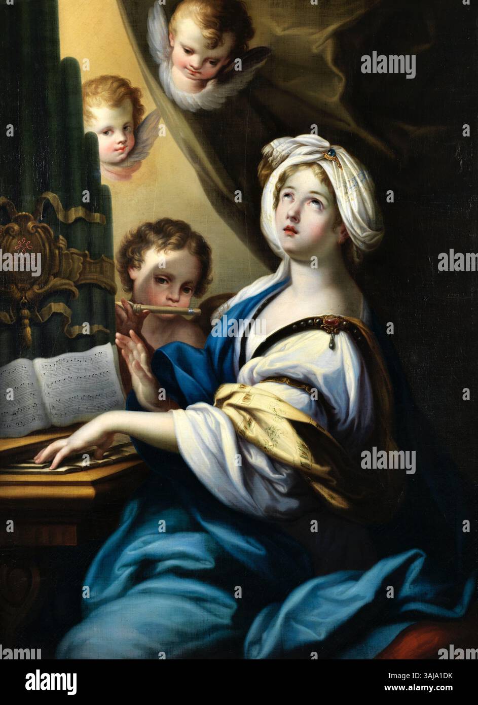 Sebastiano Concas zugeschriebenes Gemälde „Heilige Cecilia an der Orgel“ (18. Jahrhundert) zeigt die Heilige Cecilia, die Schutzpatronin der Musik, die Orgel spielt. Das Kunstwerk Öl auf Leinwand misst 135 x 100 cm. Stockfoto