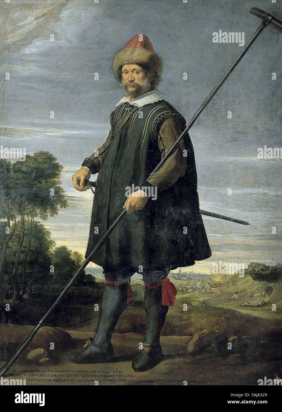 Dieses Porträt von Pieter Snayers aus dem Jahr 1623 zeigt Antoon Servaes, einen Soldaten im Flanderenkrieg. Im Auftrag von Don Diego Messía Felipe de Guzmán zeigt das Porträt Servaes mit einem Minendetektionsgerät, das seine Rolle in der Militärtechnik während der Belagerung von Bergen op Zoom widerspiegelt. Stockfoto