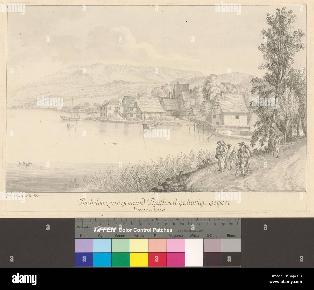 Diese Zeichnung aus dem späten 18. Jahrhundert zeigt das Dorf Tischeloo zwischen Thalwil und Oberrieden. Es zeigt die ländliche Siedlung und die umliegende Landschaft in feinen Farblinien. Stockfoto