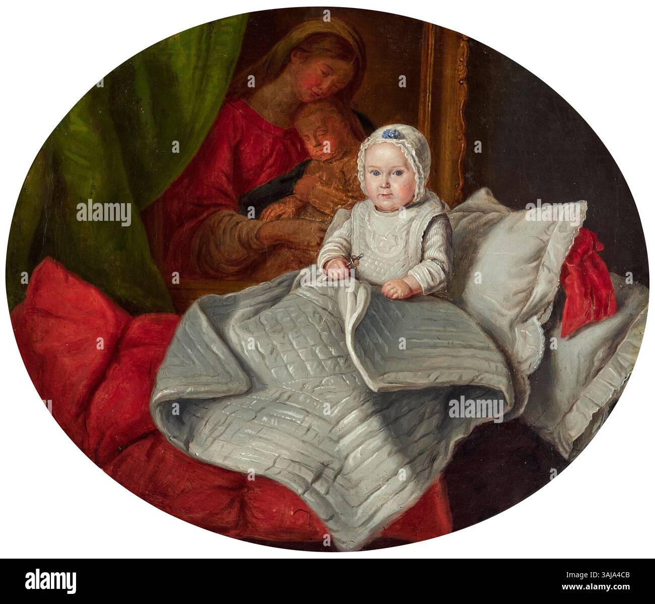 Dieses Porträt aus dem 19. Jahrhundert zeigt ein Kind, das vor einem Madonnenbild eine Rassel hält. Das Öl auf Leinwand fängt einen zärtlichen Moment ein und verbindet die Unschuld der Kindheit mit religiösen Bildern, die für diese Zeit typisch sind. Stockfoto