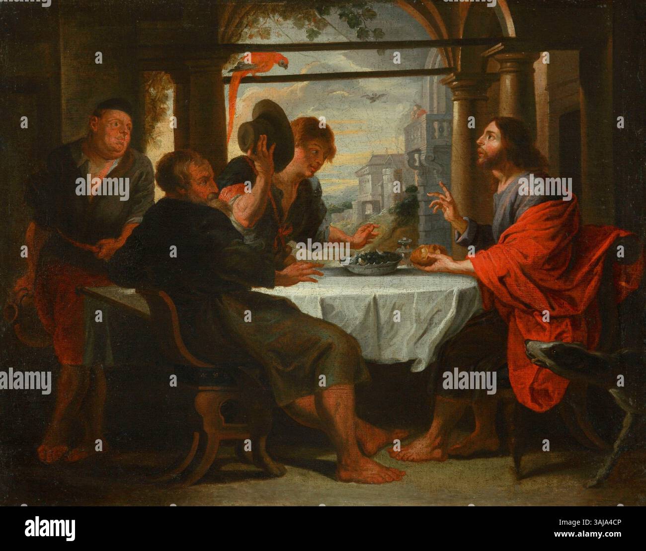 Dieses Öl auf Leinwand aus dem 19. Jahrhundert nach Peter Paul Rubens stellt die biblische Szene Christi in Emmaus dar. Das Kunstwerk fängt den Moment der Anerkennung durch die Jünger nach Christi Auferstehung ein, ein bedeutender Moment in der christlichen Theologie. Stockfoto