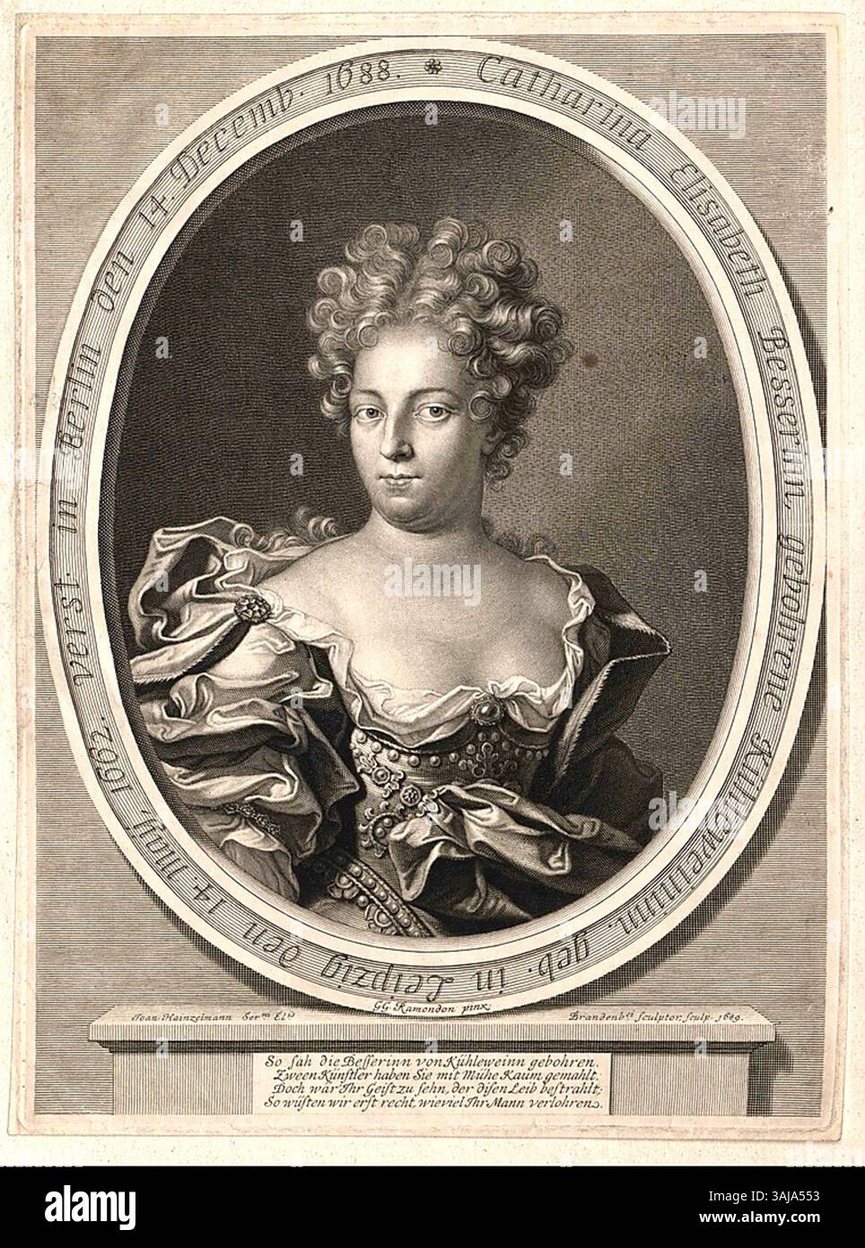 Dieser Kupferstich von Johann Hainzelmann zeigt Catharina Elisabeth Kühlewein, eine 1662 geborene Adlige. Sie heiratete den Dichter Johann Besser und wurde eine prominente Figur am Hof Augustus des Starken. Stockfoto