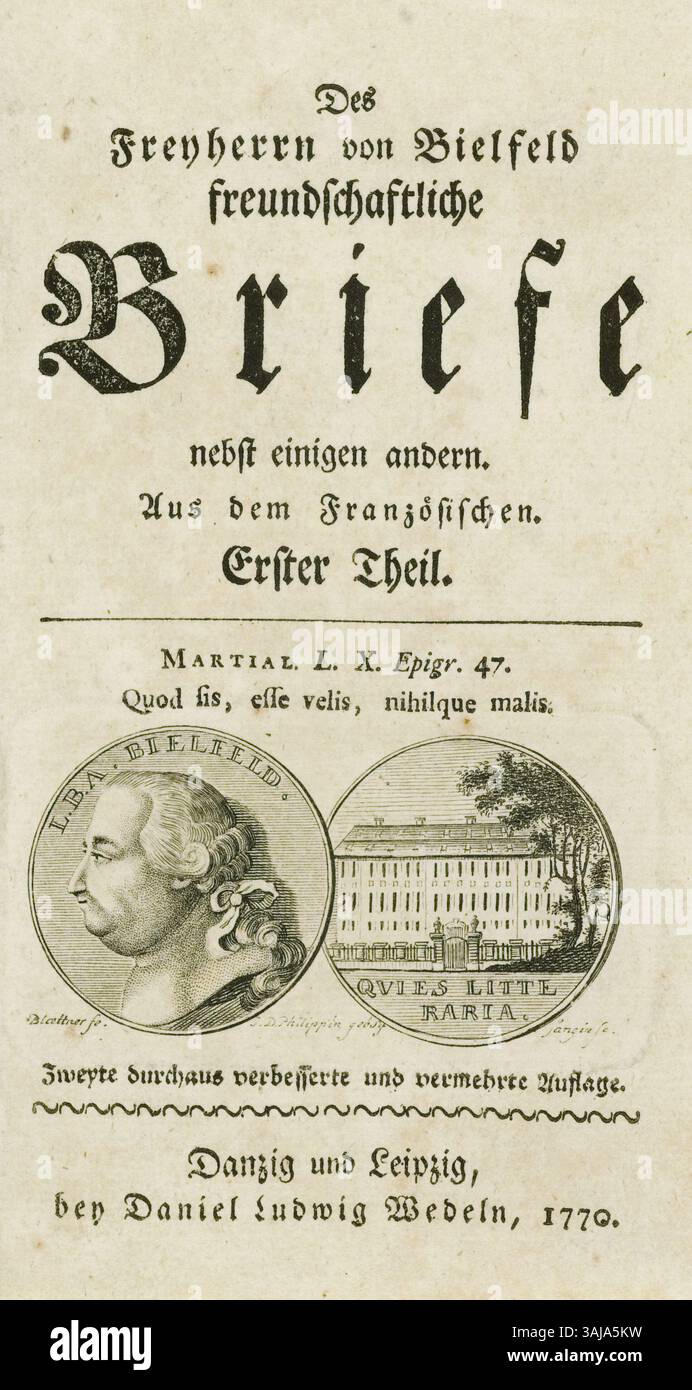 Kupferstich-Porträt Bielfelds von Blaettner und Johanna Dorothea Philipp. Der Druck ist Teil der Sammlung der Staats- und Universitätsbibliothek Hamburg. Stockfoto