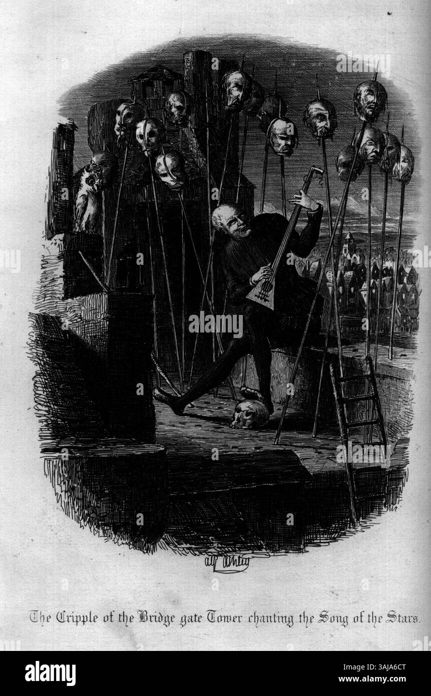 Eine Illustration mit dem Titel „The Cripple of the Bridge-Gate-Tower Ching the Song of the Stars“ aus G. Herbert Rodwells 1860 erschienenem Werk „Old London Bridge, A Romance of the sechzehnten Century“. Das Kunstwerk spiegelt eine symbolische Erzählung wider. Stockfoto