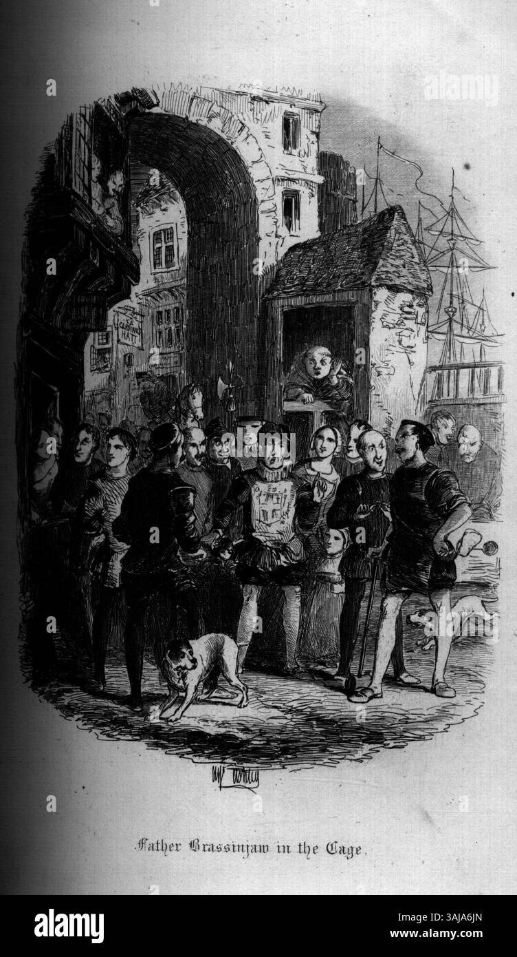 Illustration aus der „Old London Bridge, A Romance of the sechzehnten Jahrhundert“, die Vater Brassinjaw in einem Käfig zeigt und die Strafpraktiken des 16. Jahrhunderts zeigt. Stockfoto