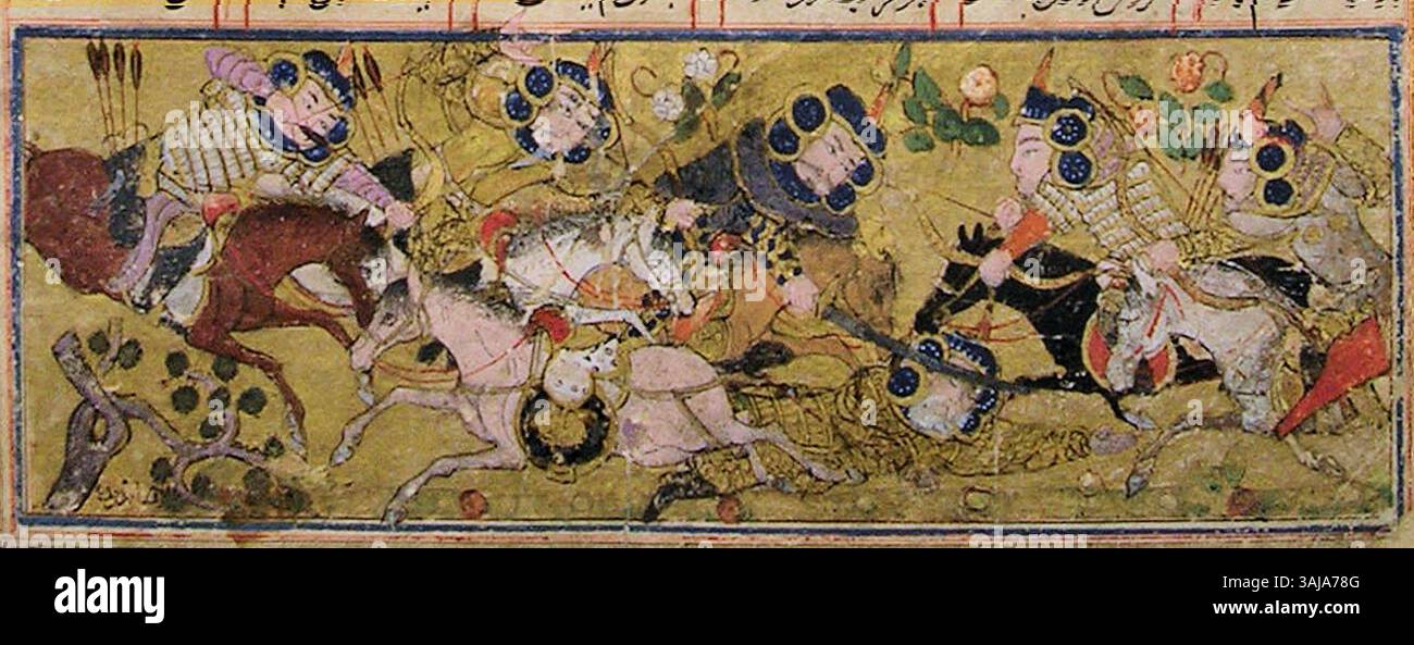 Dieses Folio zeigt den Tod von König Luhrasp im Kampf gegen Arjasps Truppen, ein Schlüsselmoment aus dem „zweiten kleinen Shahnama“. Das Kunstwerk aus der Zeit um 1300 zeigt das tragische Ende des persischen Königs und reflektiert die Themen Schicksal und Opfer in der persischen epischen Literatur. Stockfoto