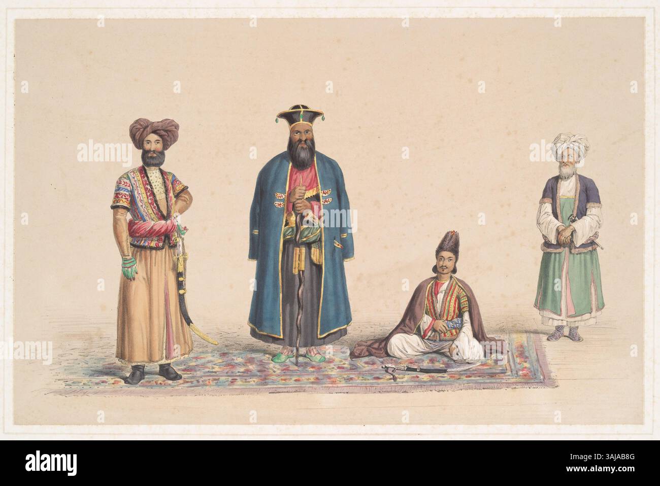 Shah Shoojau Oool Moolk, oder Shuja Shah Durrani, regierte das Durrani-Reich. Diese Lithografie aus dem Jahr 1843 zeigt ihn in traditioneller afghanischer Kleidung, die Charles Haghe für das Buch Character & Costs of Afghanistan schuf. Stockfoto