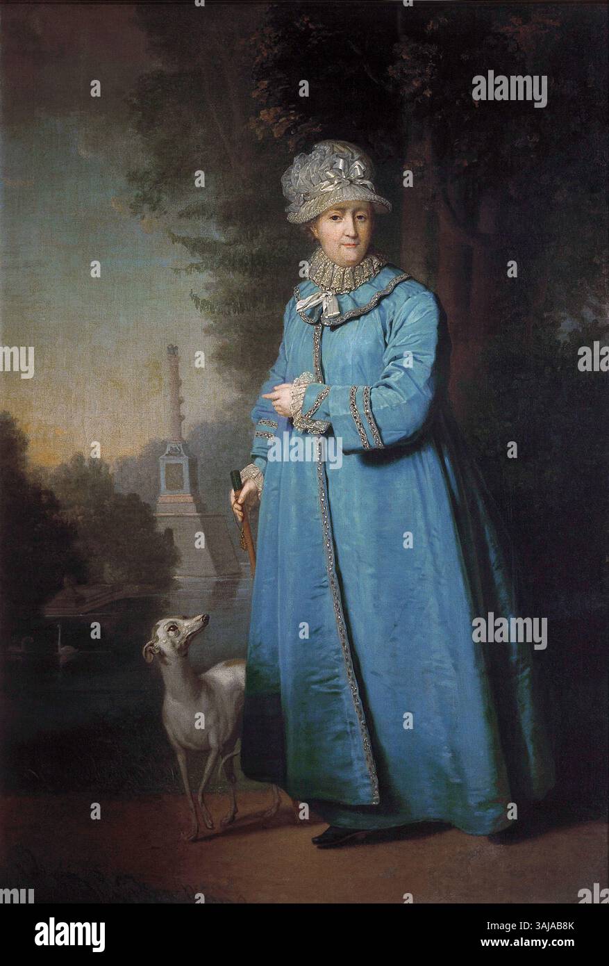 Ein Porträt von Katharina II. Von Russland, gemalt von Wladimir Borovikowski im Jahre 1794. Das Gemälde zeigt sie im Zarskosyelski-Park mit der Tschesmenski-Säule im Hintergrund. Stockfoto