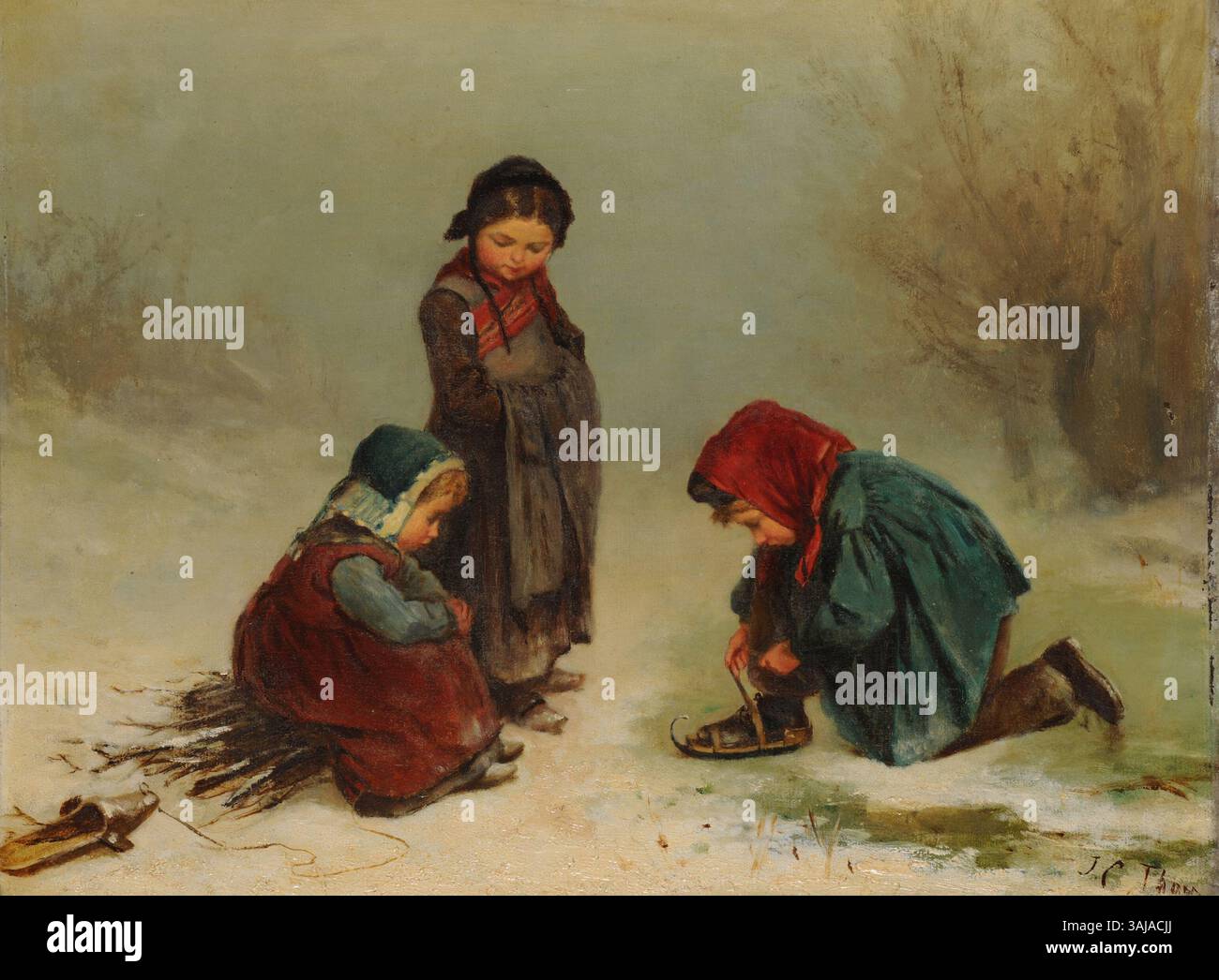 James-Crawford Thoms „Enfants dans un bois“ fängt zwei Kinder in einer Waldlandschaft ein und veranschaulicht die Gelassenheit der Kindheit in der Natur. Das Ölgemälde, das auf einer Tafel entstanden ist, zeigt die Unschuld der Jugend in der Natur. Stockfoto