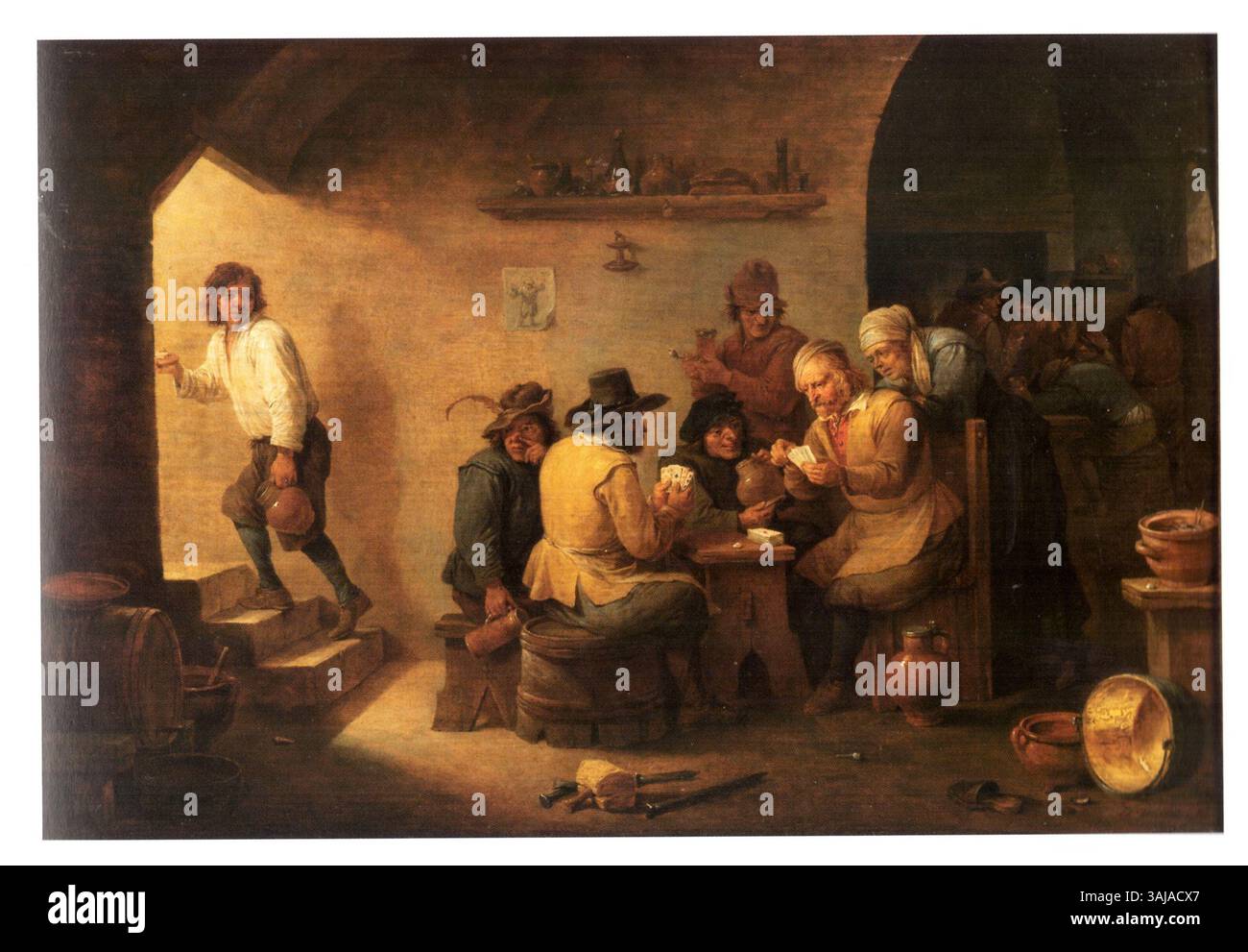 David Teniers der Jüngere um 1660 zeigt das Gemälde „Innere eines wirtshauses“ eine lebendige Szene in einem wirtshaus und zeigt seine Meisterschaft der Genremalerei mit dem Augenmerk auf das tägliche Leben und die sozialen Verhältnisse. Stockfoto