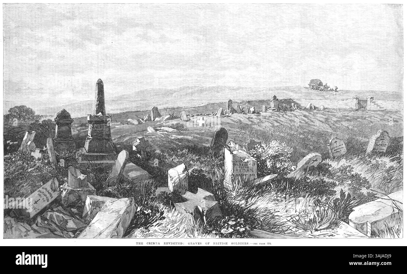 Diese Illustration aus dem Jahr 1869 aus der Illustrated London News zeigt die Gräber britischer Soldaten, die während des Krimkrieges starben. Die Darstellung fängt die Festlichkeit des britischen Offiziersfriedhofs auf dem Cathcart Hill ein und erinnert an die Soldaten, die in Sebastopol gekämpft haben. Stockfoto