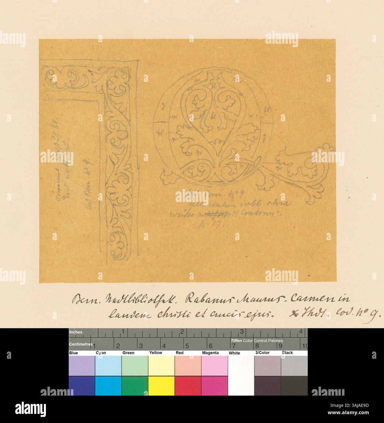 Diese Zeichnung von Johann Rudolf Rahn reproduziert einen Abschnitt aus der Handschrift „Liber de Laudibus Sanctae Crucis“ von Rabanus Maurus aus dem 10. Jahrhundert in der Stadtbibliothek Bern. Stockfoto