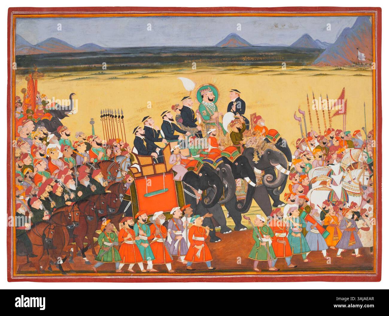 Dieses Gouache-Gemälde aus dem Jahr 1850 zeigt Maharao RAM Singh II. Von Kota in einer Prozession mit britischen Offizieren und zeigt die königliche Prozession in Rajasthan, Indien. Das Gemälde, das Lacchi RAM zugeschrieben wird, enthält Inschriften, die die Figuren identifizieren und historischen Kontext hinzufügen. Stockfoto