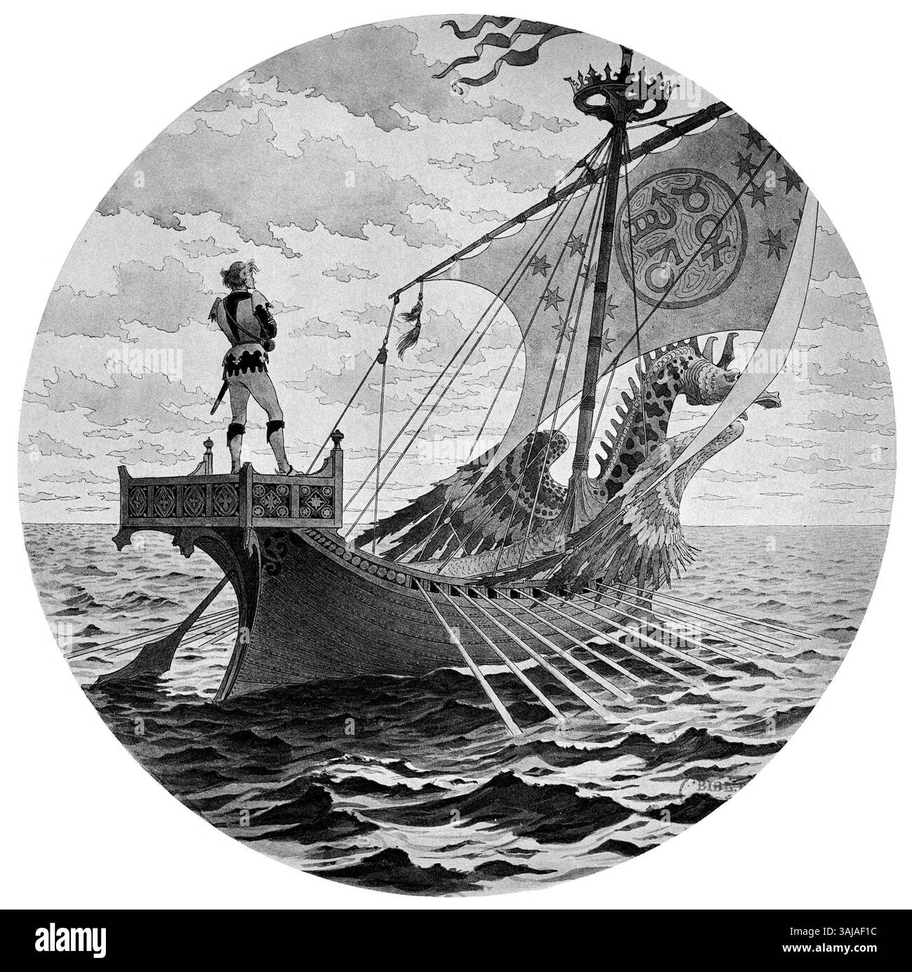 In diesem 1889 erschienenen Druck fängt Eugène Grasset den Moment ein, in dem ein Schiff in der Oper *Esclarmonde* erscheint, und bringt ein neues Element von Drama und Abenteuer in die Szene. Die Grafik ist detailliert und lebendig und spiegelt die Stimmung der Geschichte wider. Stockfoto