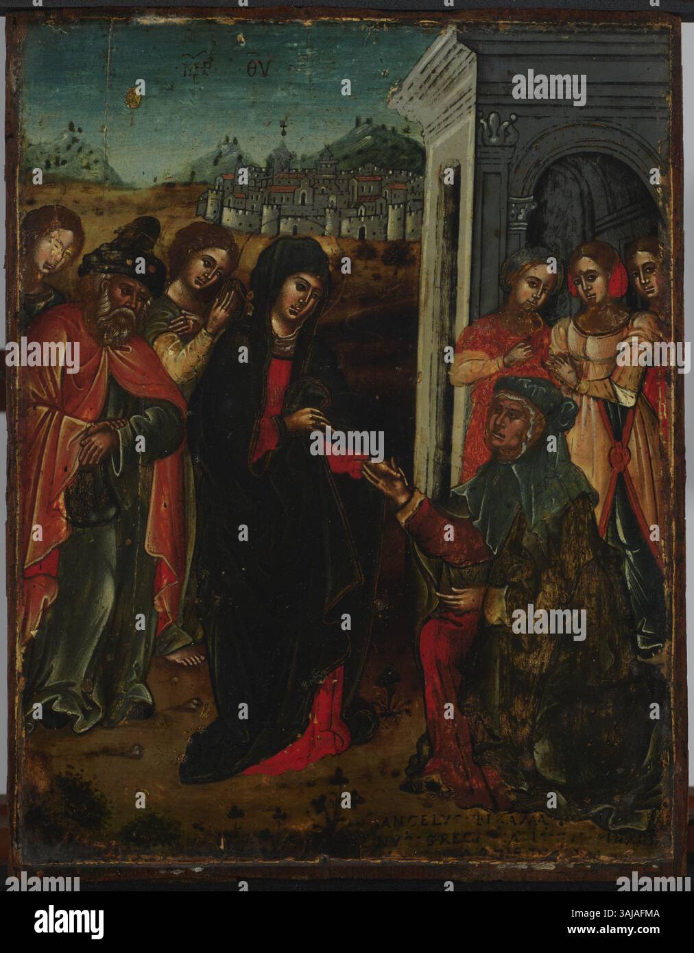 „The Visitation“ von Angelus Bizamanus, gemalt zwischen 1500 und 1535. Diese Tempera auf dem Tafelfeld zeigt die biblische Szene der Visitation mit Maria, Elisabeth und Sacharja. Stockfoto