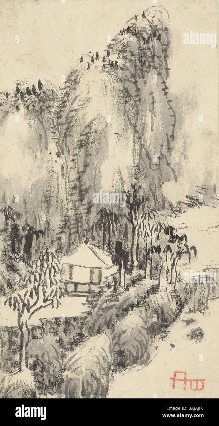 Dieses Gemälde von Bada Shanren aus dem Jahr 1699 fängt seinen unverwechselbaren Ansatz zur chinesischen Tuschekunst ein. Das 24 x 13,5 cm große Stück spiegelt Shanrens Beherrschung der Pinseltechniken und seine tiefe Verbundenheit mit der Natur wider. Seine Werke zeichnen sich durch starke Ausdrucksfähigkeit aus. Stockfoto