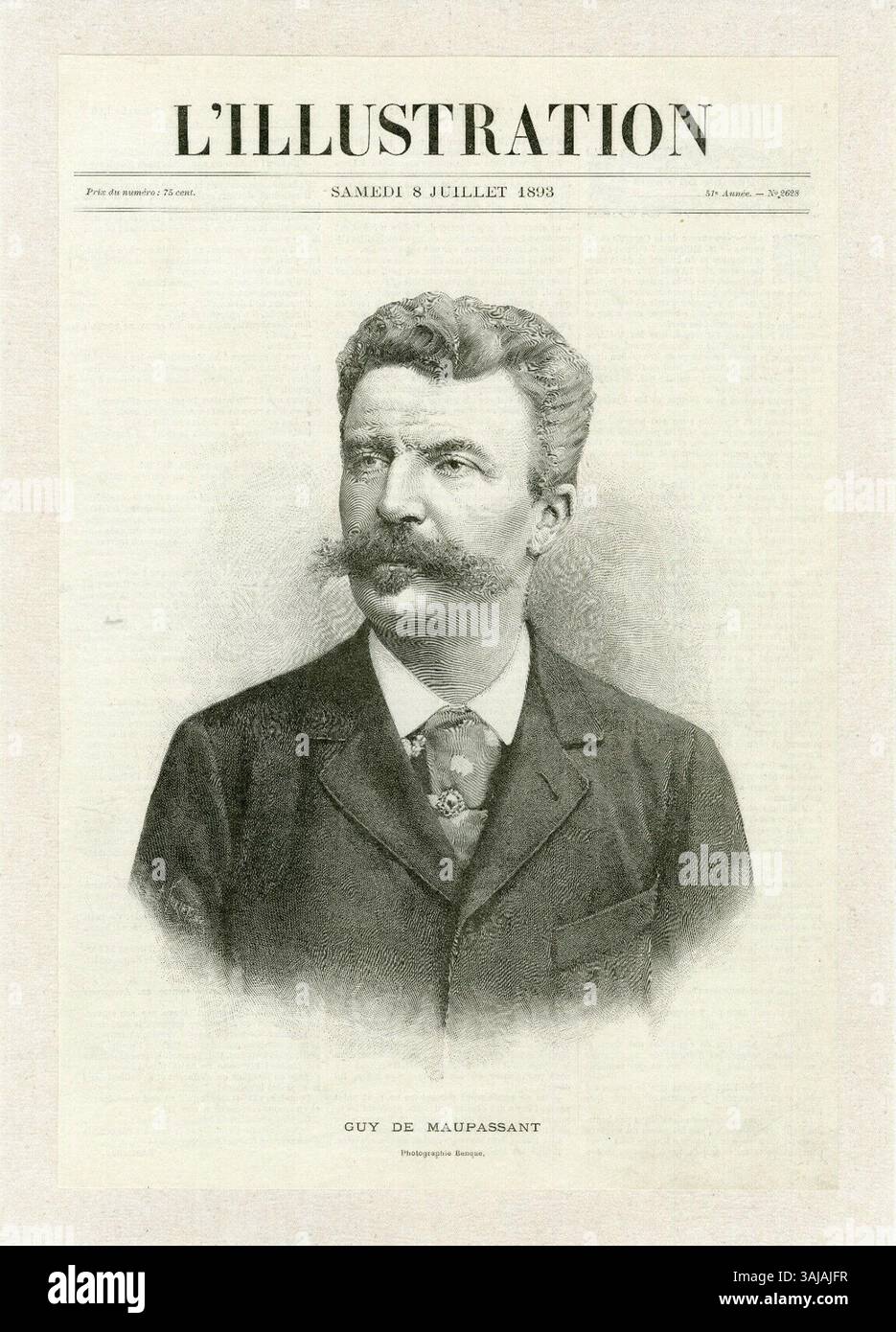 Diese Illustration aus der Ausgabe des Magazins L'Illustration vom 8. Juli 1893 zeigt Guy de Maupassant, der von Wilhelm Benque geschaffen wurde. Stockfoto
