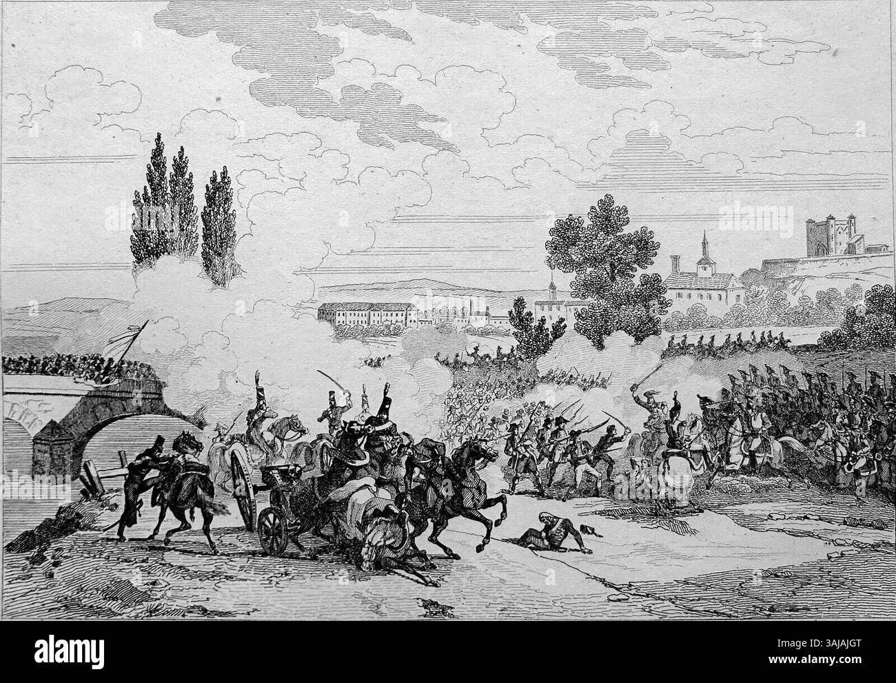 Das Kunstwerk „Attaque et Prise de Saumur“ aus dem Jahr 1835 zeigt eine historische Militärszene aus den Französischen Unabhängigkeitskriegen. Sie veranschaulicht den Angriff und die Eroberung der Stadt Saumur durch republikanische Truppen im Jahr 1793. Stockfoto