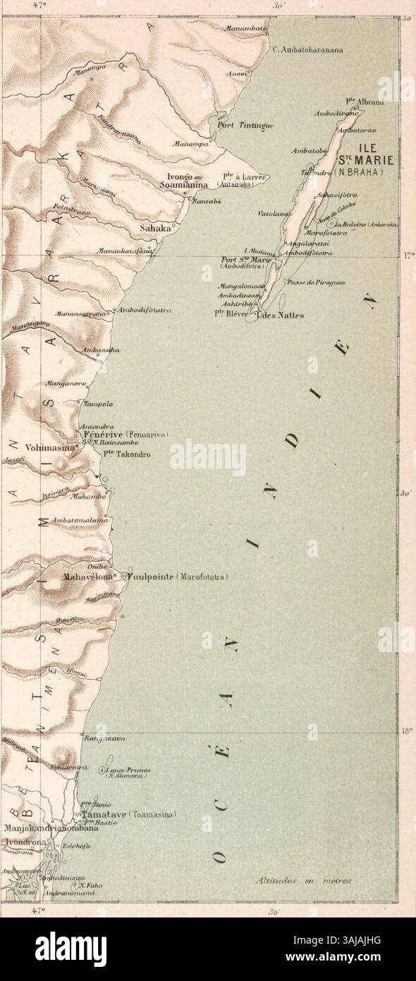 Eine Karte der Ile Sainte Marie aus dem französischen kolonialatlas von 1893 von Augustin Challamel und Paul Pelet, die die geographische und koloniale Bedeutung der Insel während des späten 19. Jahrhunderts zeigt. Dieser atlas wurde in Paris veröffentlicht und bietet detaillierte Ansichten französischer Gebiete. Stockfoto
