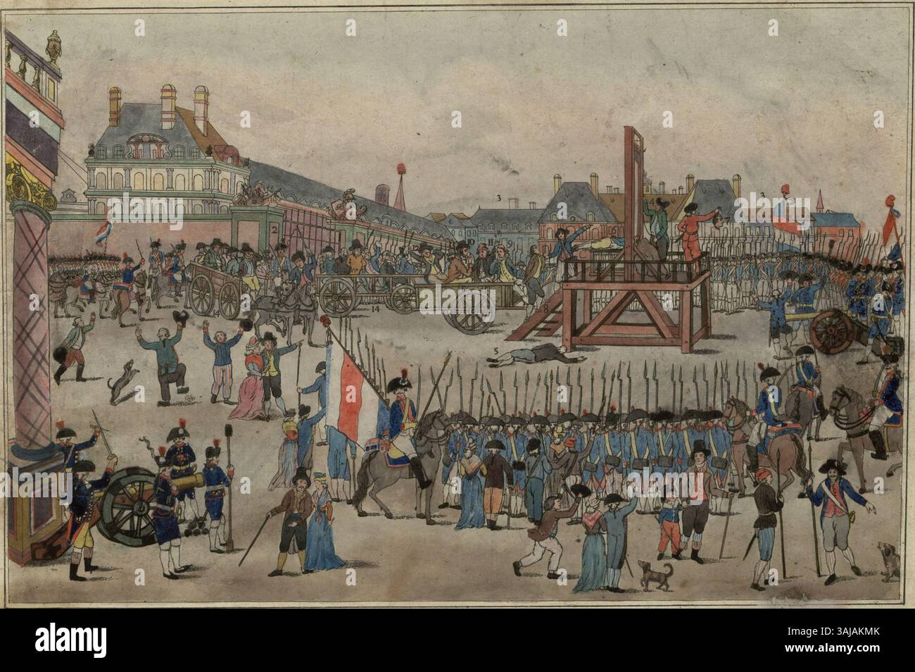 Die Hinrichtung von Maximilien Robespierre und seinen Anhängern fand am 28. Juli 1794 am Place de la Révolution statt. Robespierre wurde zusammen mit Schlüsselfiguren wie Lebas und Couthon während der Französischen Revolution durch Guillotine hingerichtet. An der Szene waren prominente Persönlichkeiten wie der Henker Sanson und einige wichtige Revolutionäre beteiligt. Stockfoto