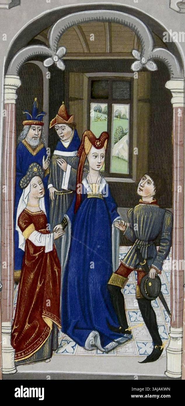 Dieses Kunstwerk aus dem 15. Jahrhundert zeigt die Heirat von Ada von Holland mit Ludwig II. Von Loon im Jahr 1203, zusammen mit dem sterbenden Dirk VII. Von Holland, ihrem Vater. Die Szene erfasst die politischen Auswirkungen der königlichen Gewerkschaften im Mittelalter. Stockfoto