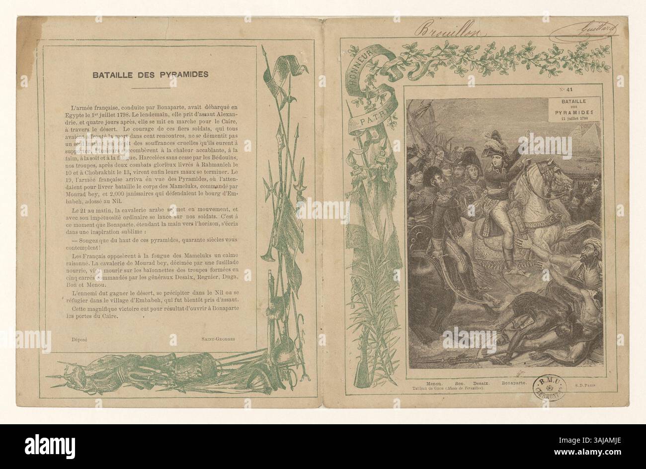 Dieser Druck zeigt die Schlacht an den Pyramiden, die am 21. Juli 1798 ausgetragen wurde, und zeigt die Darstellung der Schlacht des berühmten Künstlers Antoine-Jean Gros während Napoleons ägyptischer Feldzug. Stockfoto