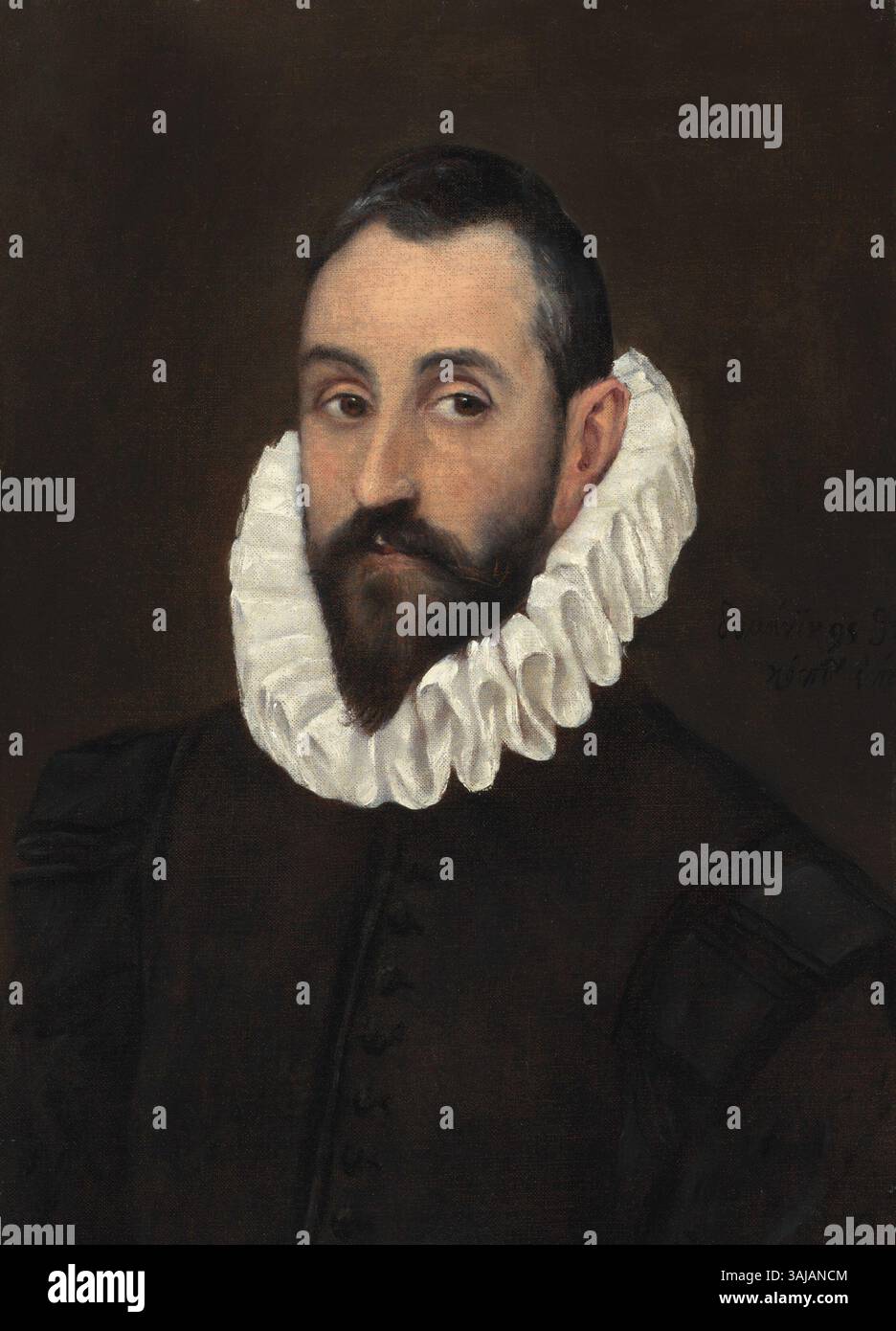 Dieses Öl auf Leinwand Gemälde von El Greco zeigt einen Adligen in formaler Pose, der die charakteristischen langen Merkmale des Künstlers und die dramatische Verwendung von Farbe und Licht einfängt. Es veranschaulicht El Grecos einzigartige Mischung aus Renaissance- und manieristischen Stilen, wobei die Persönlichkeit und der Status des Subjekts im Vordergrund stehen. Stockfoto