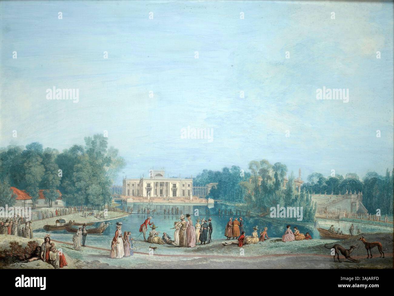 Blick auf den Palast Łazienki von Süden von Jan Piotr Norblin (1745–1830), gemalt 1794 mit Gouache, Aquarell und Tusche auf Pergament auf Leinwand. Befindet sich im Nationalmuseum in Kraków. Stockfoto