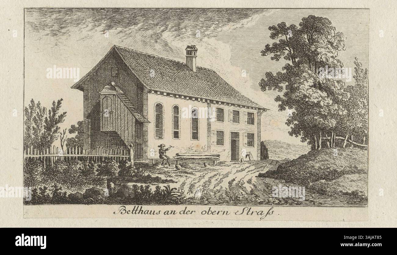 Diese um 1770 entstandene Ätzung von Johann Jakob Meyer und Heinrich Pfenninger zeigt das Betthaus an der Obern Straße. Der Druck zeigt die Architektur und das Design des Gebäudes und spiegelt Schweizer religiöse Strukturen des 18. Jahrhunderts wider. Stockfoto