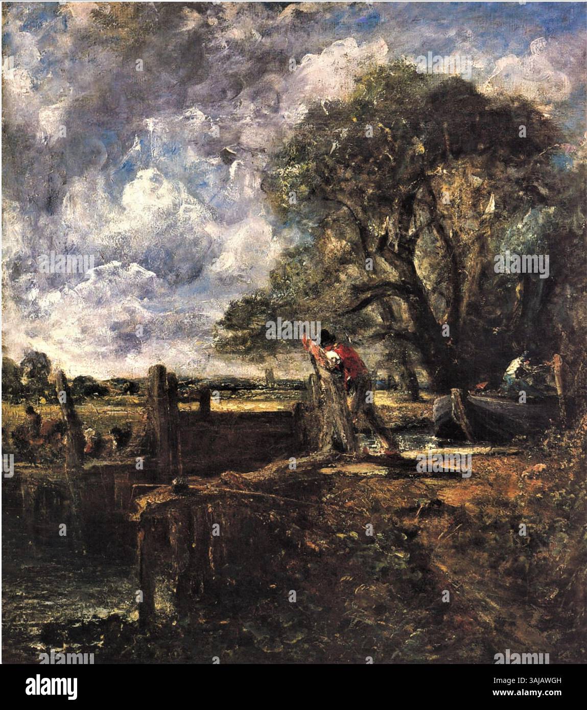 Diese Studie von John Constable aus dem Jahr 1826 für sein berühmtes Gemälde *das Kornfeld* zeigt eine ländliche Landschaft mit dem unverkennbaren Stil des Künstlers, natürliches Licht und atmosphärische Effekte einzufangen. Das Gemälde ist in den Museen und der Kunstgalerie von Birmingham untergebracht. Stockfoto