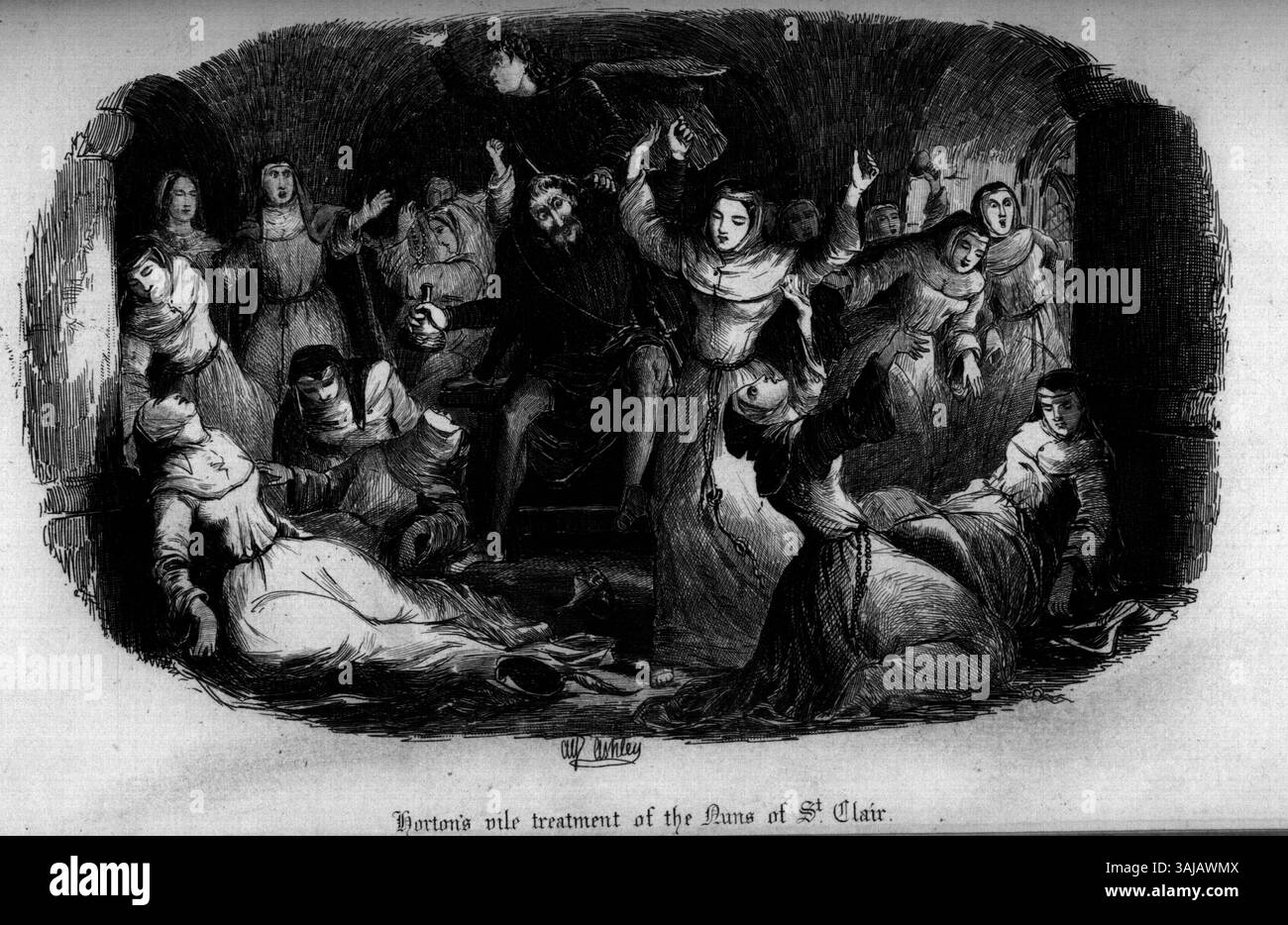 Illustration aus „Old London Bridge, A Romance of the sechzehnten Jahrhundert“, die Hortons Misshandlung der Nonnen von St. Clair zeigt und historische Praktiken im London des 16. Jahrhunderts widerspiegelt. Stockfoto