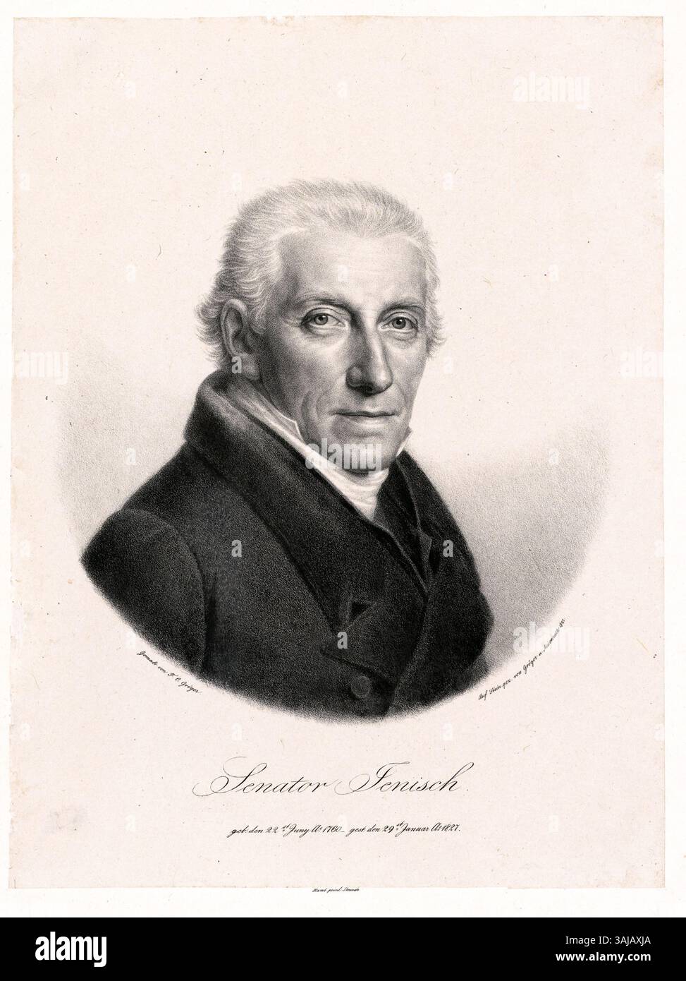 Lithographisches Porträt von Senator Martin Johann Jenisch d. Ä., erstellt von Friedrich Karl Gröger und Heinrich Jakob Aldenrath, 1827. Das Hotel befindet sich in der Staats- und Universitätsbibliothek Hamburg Carl von Ossietzky. Stockfoto