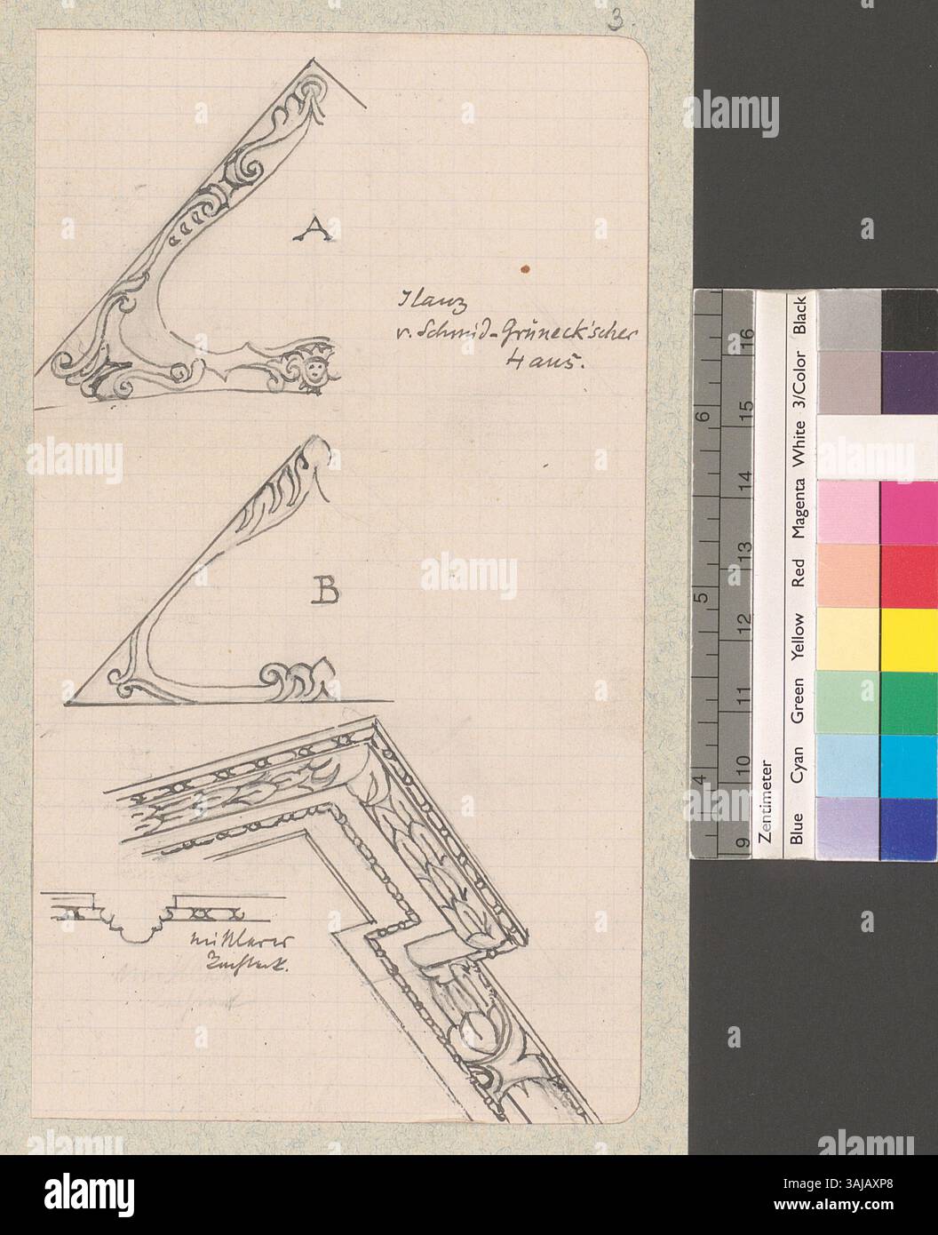 Dieses Bild zeigt Teile der Wandverkleidung und -Dekoration im Erdgeschoss des Schmid-Hauses in Ilanz. Stockfoto