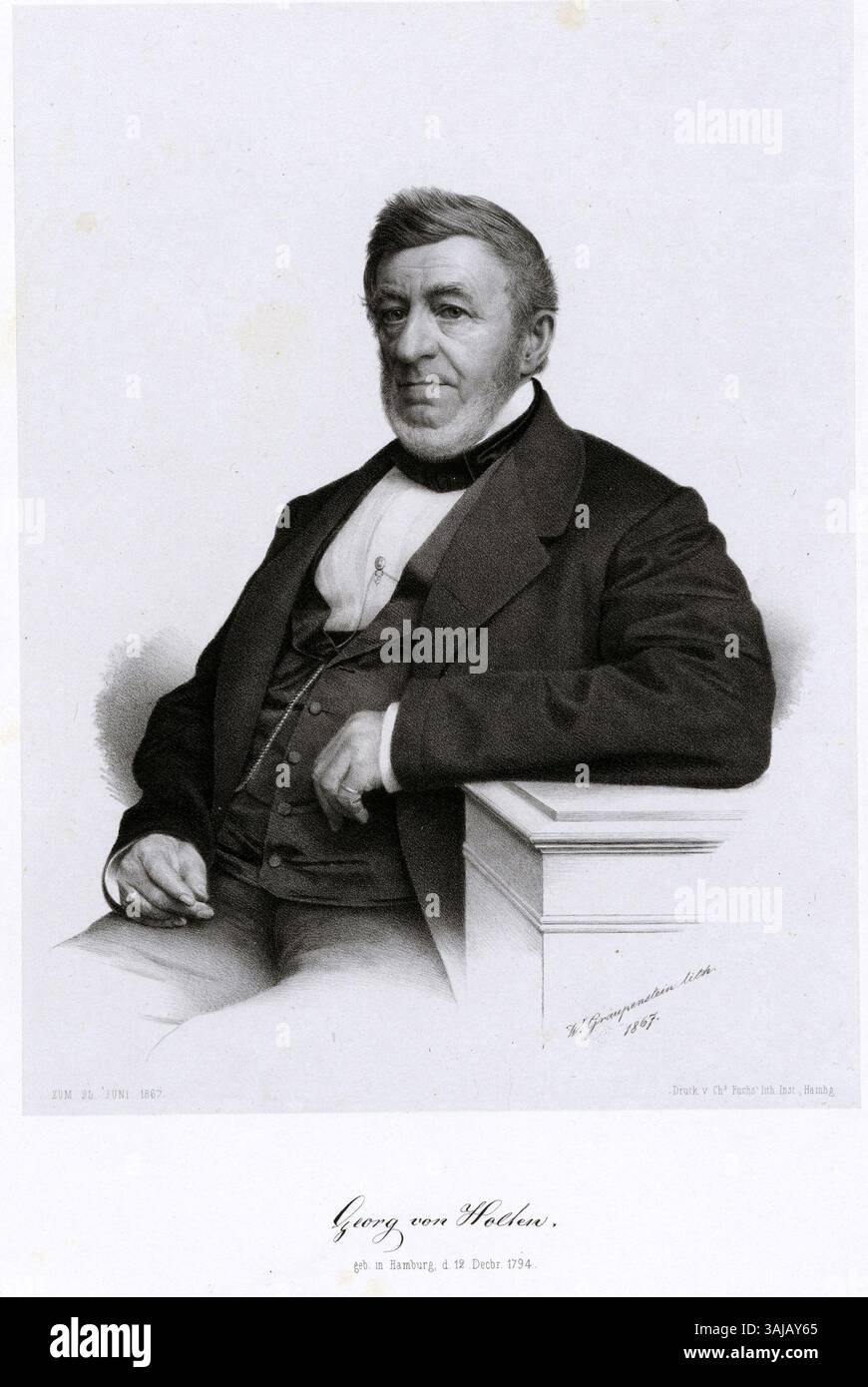 Das von Friedrich Wilhelm Graupenstein gemalte Porträt Georg von Holten aus dem Jahr 1867 ist Teil der Hamburger Staats- und Universitätsbibliothek Carl von Ossietzky. Es veranschaulicht den deutschen Porträtstil des 19. Jahrhunderts mit einem Fokus auf Realismus und Detail. Stockfoto
