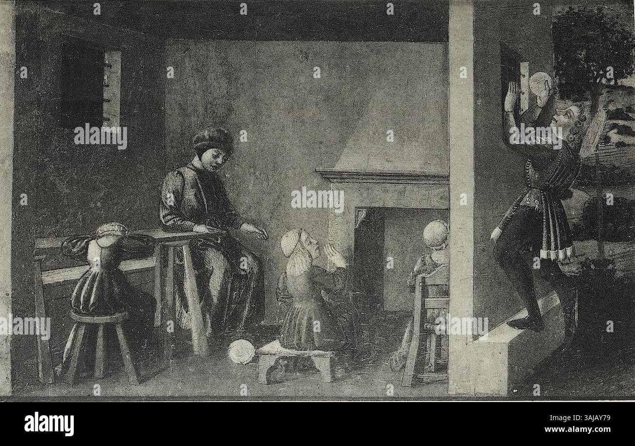 Dieses florentinische Gemälde aus dem 15. Jahrhundert zeigt die Legende des Heiligen Nikolaus. Die Szene zeigt eine moralische Geschichte aus dem Leben des heiligen, präsentiert in lebhaften Farben auf Leinwand. Stockfoto