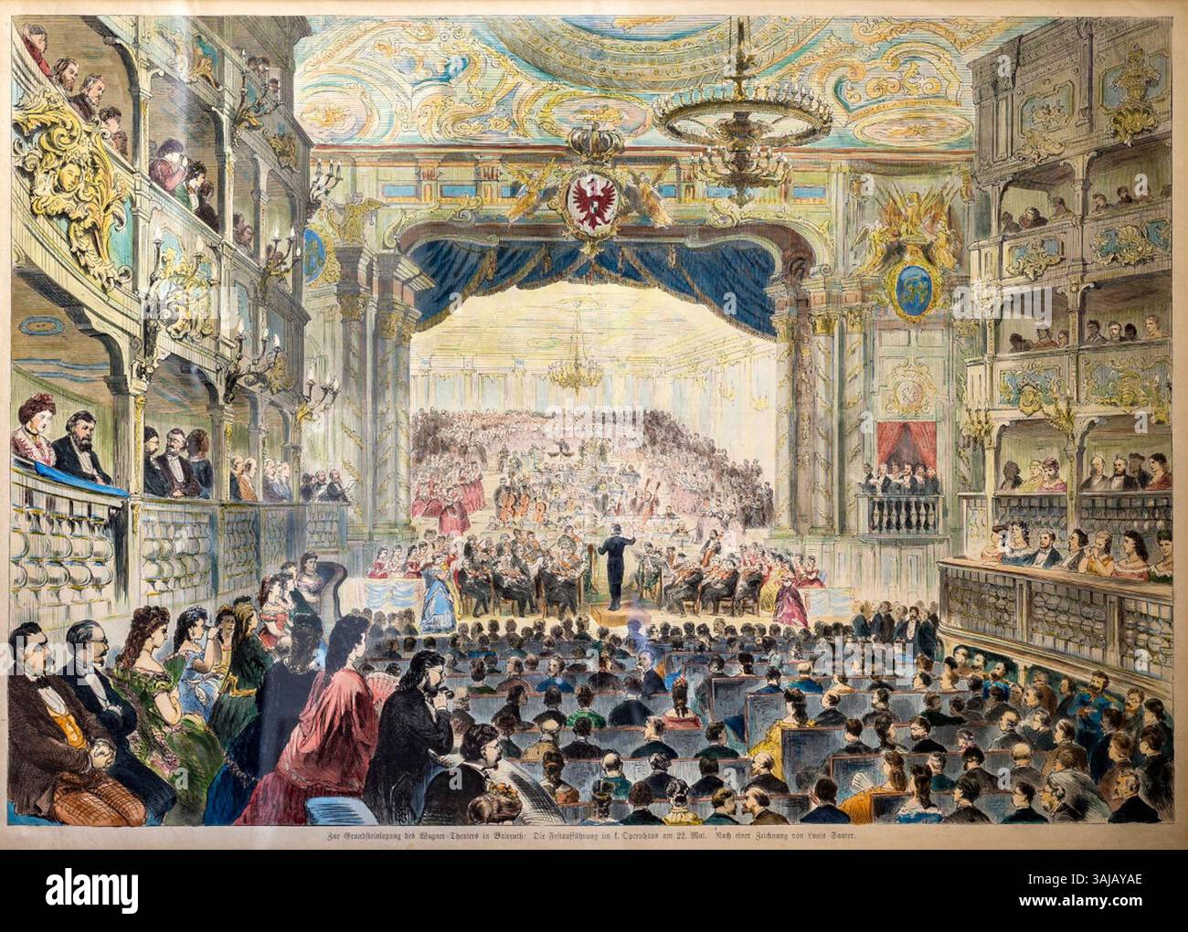 Diese Lithografie nach Louis Sauter aus dem Jahr 1872 zeigt Richard Wagner, der Beethovens 9. Sinfonie bei der Spatenstich-Zeremonie des Bayreuther Festspielhauses am 22. Mai 1872 dirigiert. Stockfoto