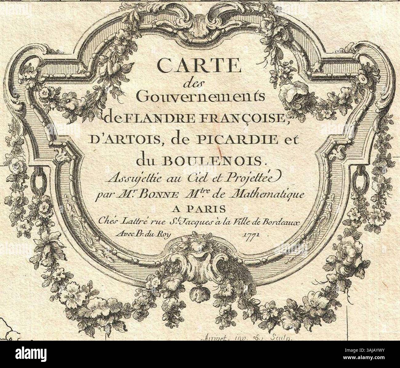 Diese dekorative Karte von Rigobert Bonne, die 1771 erstellt wurde, repräsentiert die französischen Regionen Picardie, Artois und Französisch-Flandern. Er erstreckt sich vom Ärmelkanal bis zur Normandie und zeigt die regionalen Grenzen und geografischen Merkmale mit einer großen blumigen Titelkartusche im oberen rechten Quadranten. Stockfoto