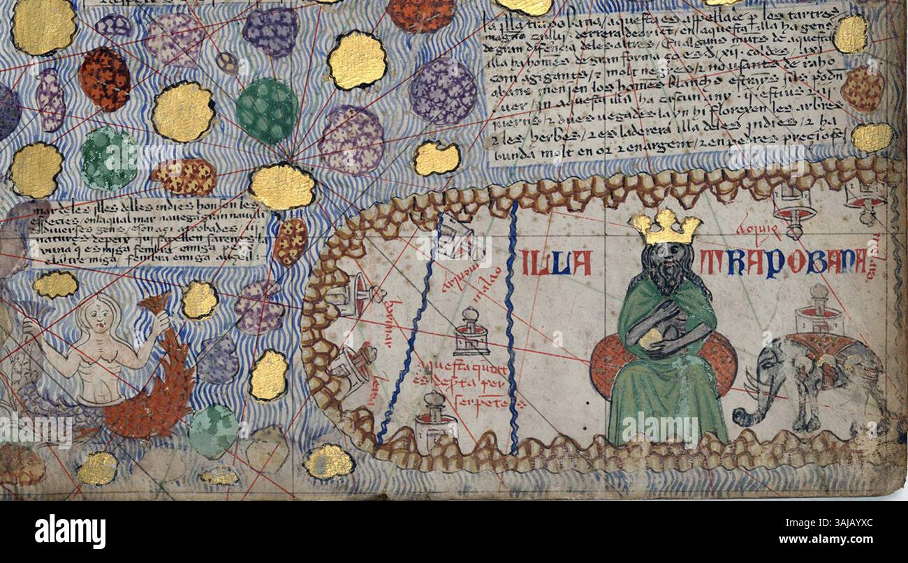 Dieses Detail aus dem katalanischen Atlas von 1375 von Abraham Cresques zeigt den Ortsnamen Taprobana, fälschlicherweise als Trapobana geschrieben. Die Karte ist ein bedeutendes historisches Artefakt, das den mittelalterlichen Blick auf die Welt mit einem Schwerpunkt auf Südasien veranschaulicht. Stockfoto
