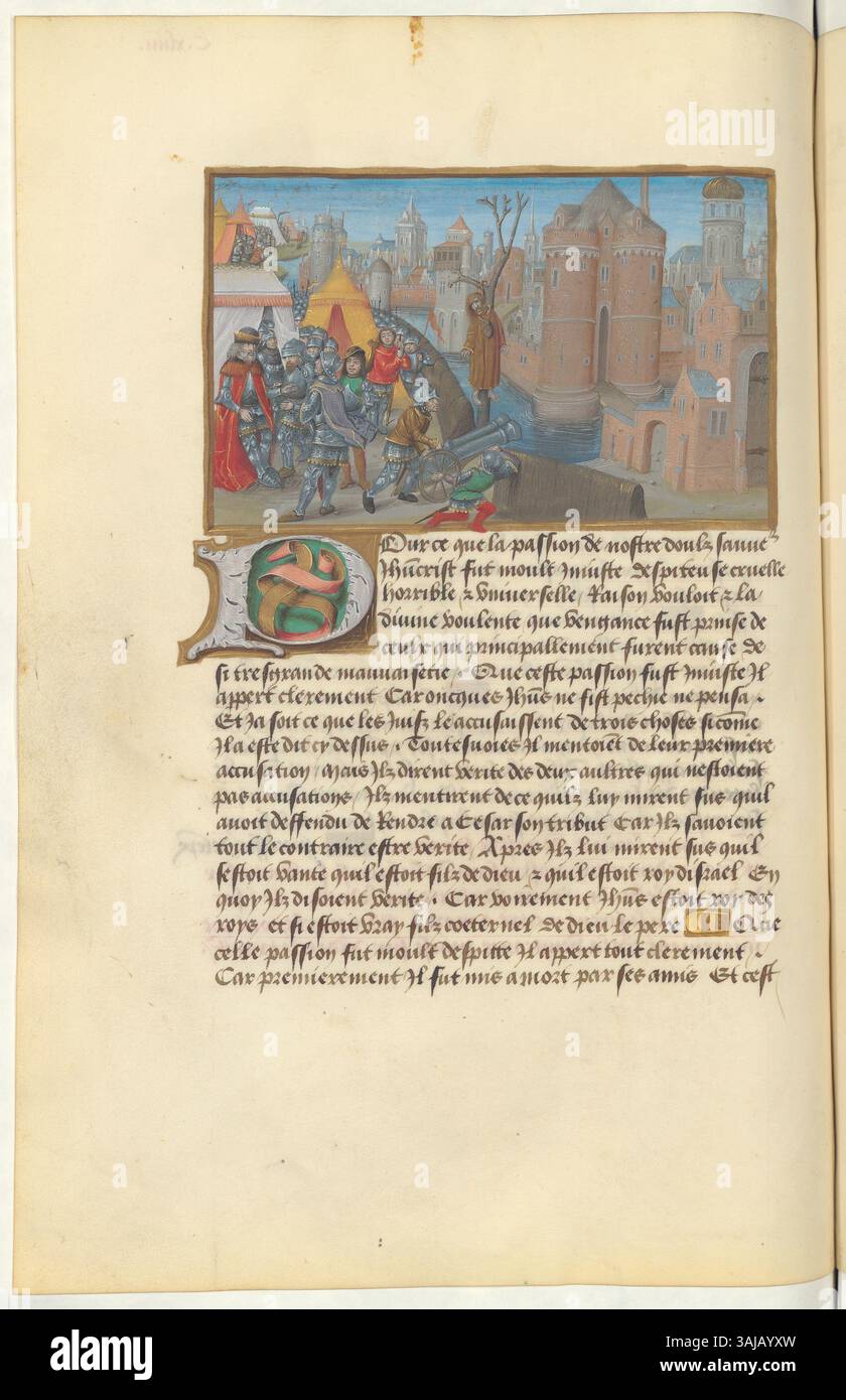 Miniatur des Hängens von Judas Iskariot aus dem Manuskript „Livre lequel entre aultres matieres“, das zwischen 1486-1493 von Jehan Mansel geschaffen wurde. Die Illustration zeigt den Verrat und den Tod von Judas Iskariot. Stockfoto Miniatur des Hängens von Judas Iskariot aus dem Manuskript „Livre lequel entre aultres matieres“, das zwischen 1486-1493 von Jehan Mansel geschaffen wurde. Die Illustration zeigt den Verrat und den Tod von Judas Iskariot. Stockfoto