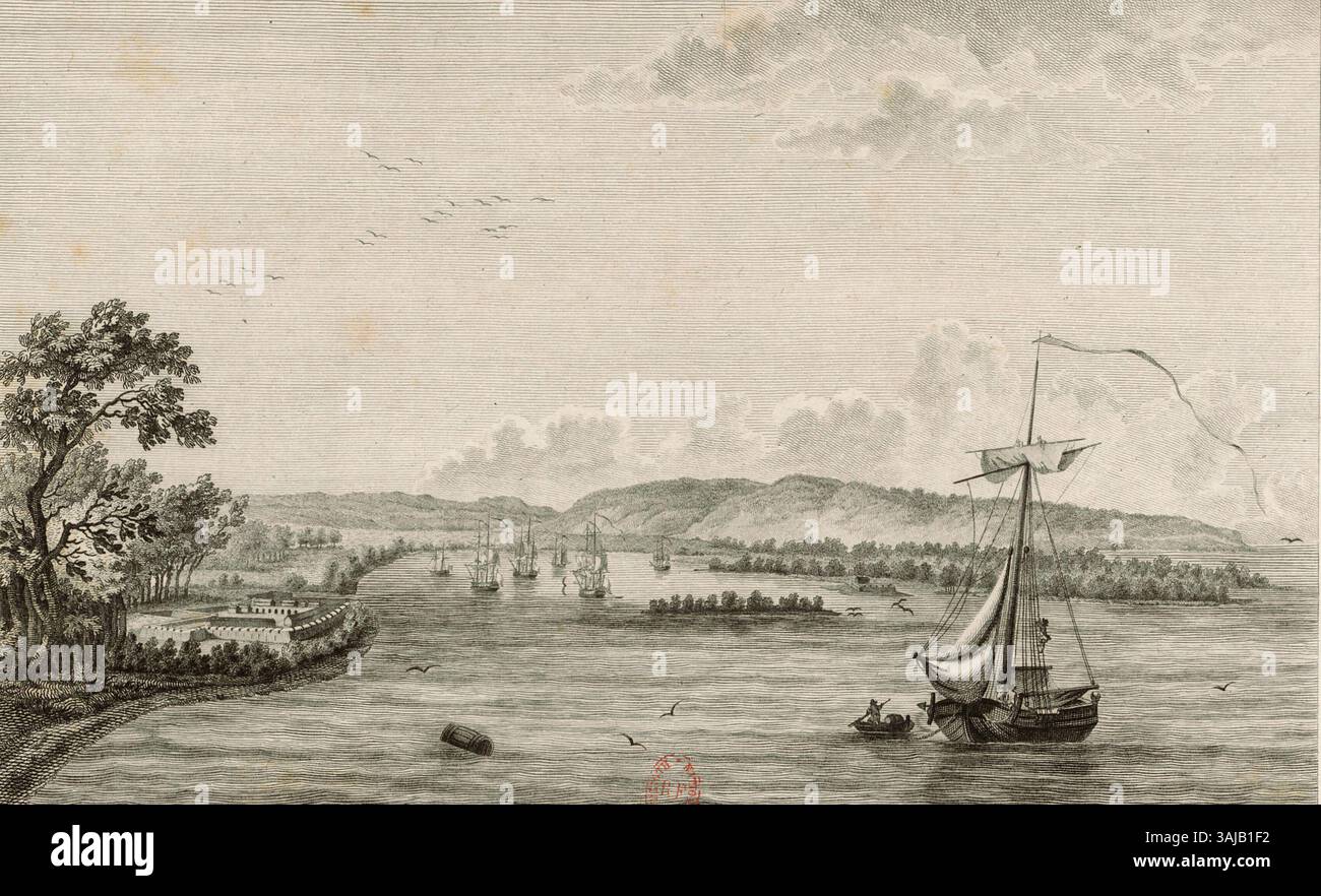Dieser Blick von Nicolas Ponce aus dem Jahr 1791 zeigt den Hafen von Lacul du Petit Goave in Haiti und zeigt den Hafen und die Küstenmerkmale. Stockfoto